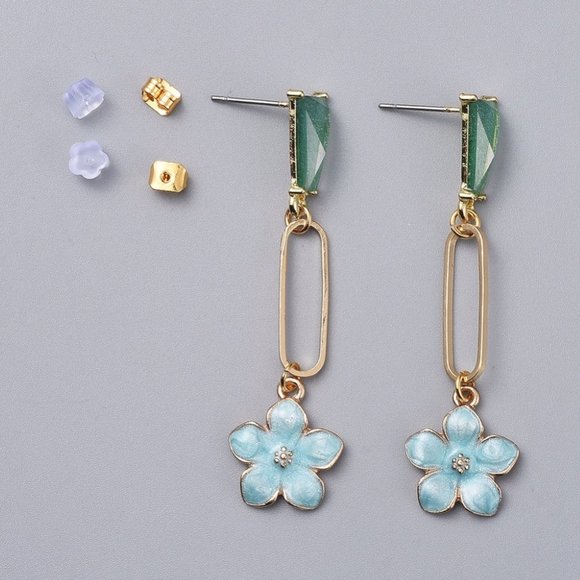 2/$20 NWOT Blue Flower enamel Dangle Stud earrings long hoop dangle floral charm - Picture 2 of 3
